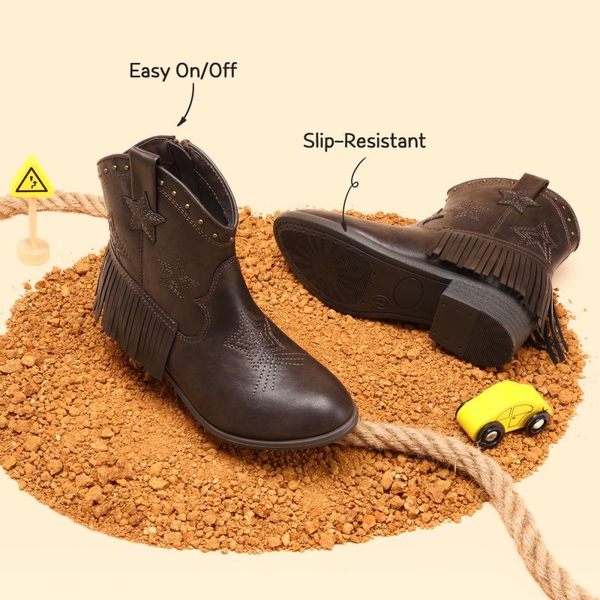 Girls Star Pattern Western Cowgirl Boots - BROWN - 4